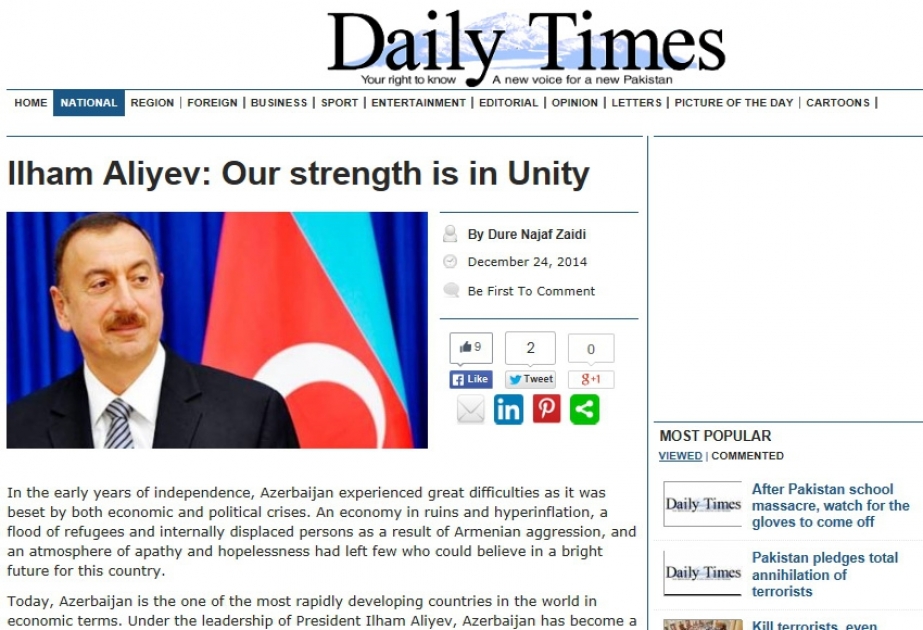 “Daily Times” qəzeti: “İlham Əliyev: Bizim gücümüz birliyimizdədir”