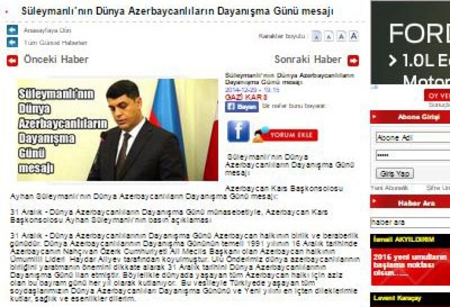 Azərbaycanlı diplomatın Həmrəylik Gününə həsr olunan məqaləsi Türkiyə mətbuatında