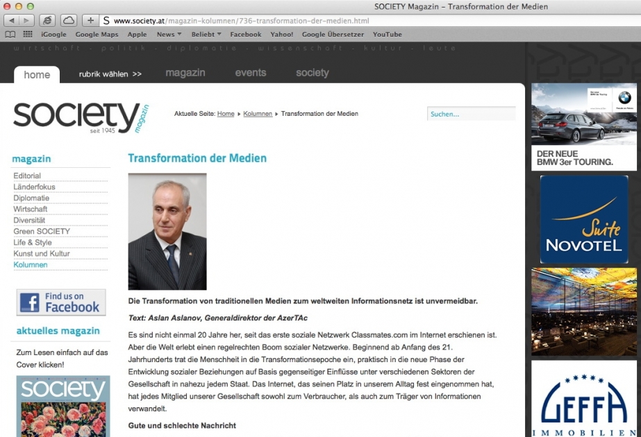 Austrian ‘Society’ magazine publishes article by AzerTAc Director General