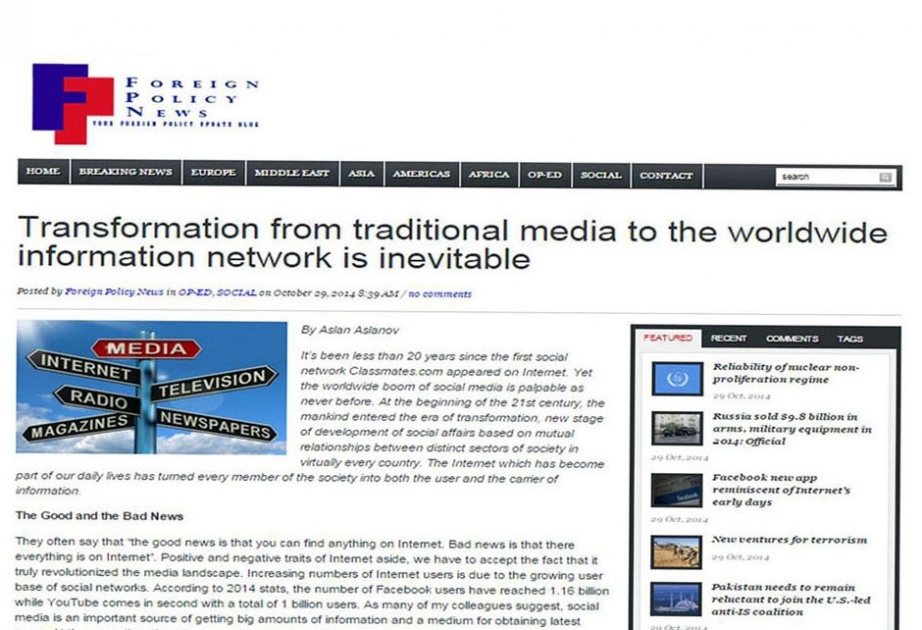 ABŞ-ın daha bir portalı - “Foreign Policy News” AzərTAc-ın baş direktoru Aslan Aslanovun məqaləsini yayıb