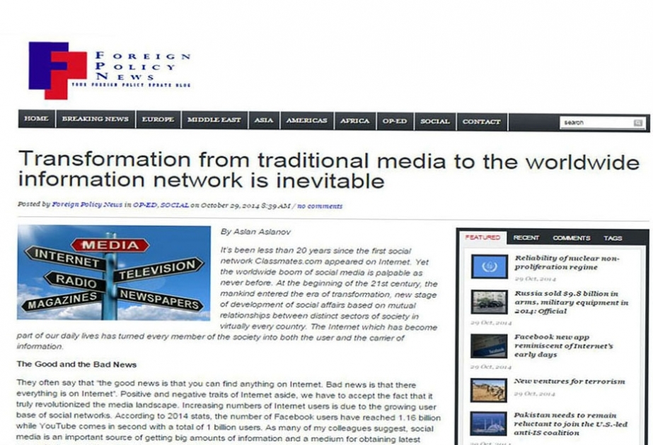 Foreign Policy News publishes article by AzerTAc Director General