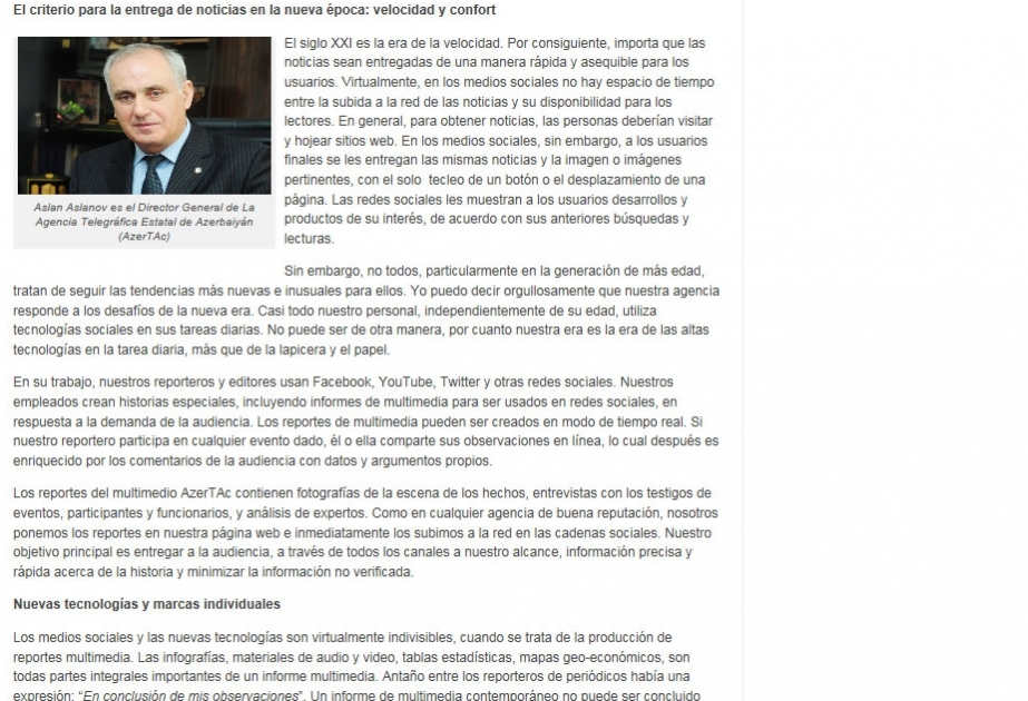 “Eurasia Hoy” web portal publishes article by AzerTAc chief Aslan Aslanov