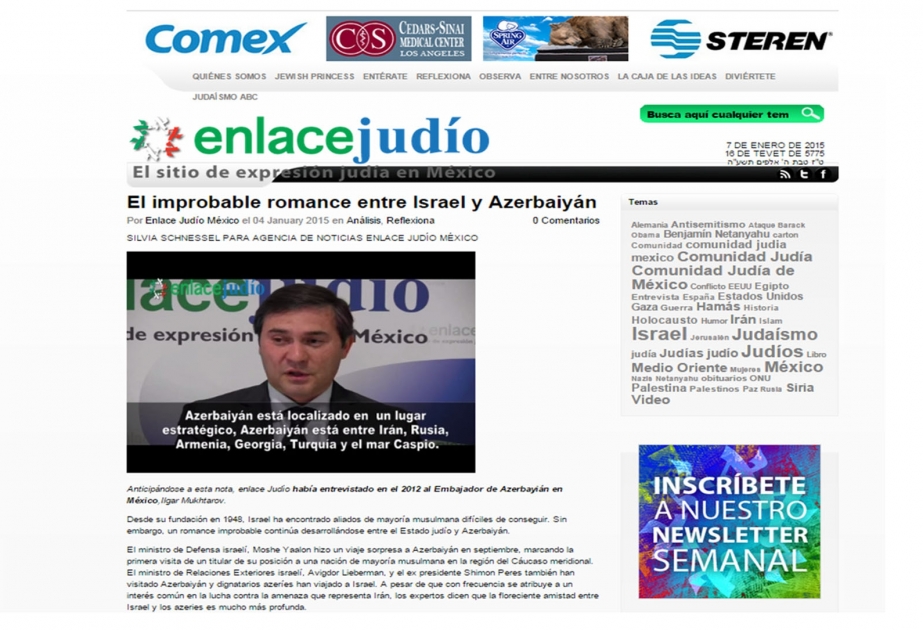 Meksikanın “Enlace Judio” xəbər agentliyi Azərbaycan-İsrail əlaqələrindən bəhs edən məqalə yayıb