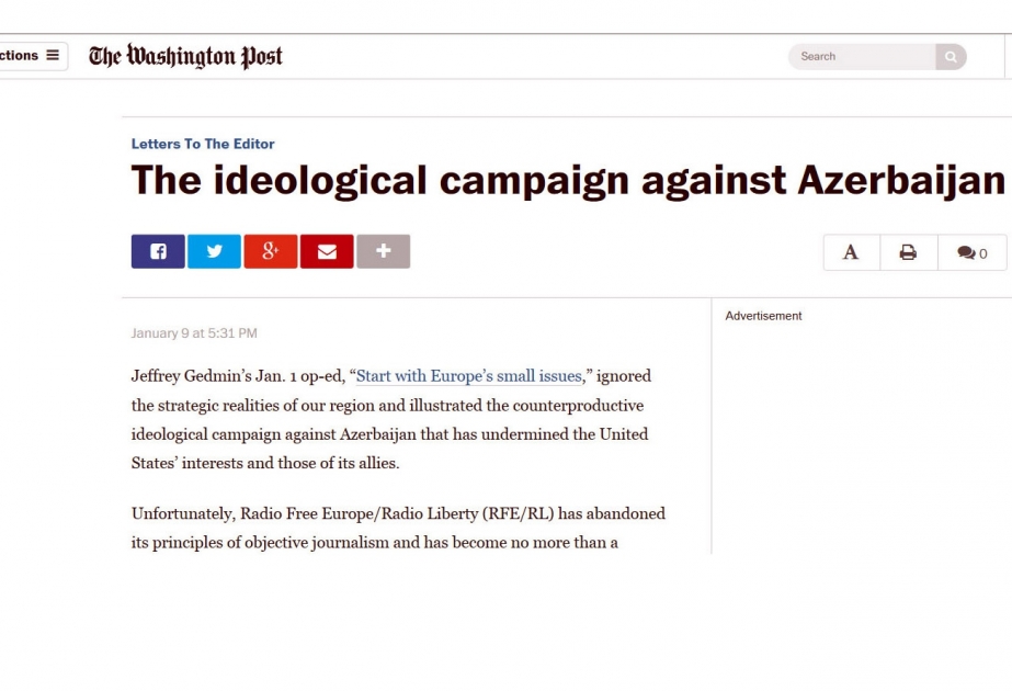 Milli Məclisin deputatı Azərbaycana qarşı ideoloji kampaniya ilə bağlı “The Washington Post” qəzetində mövqeyini bildirib