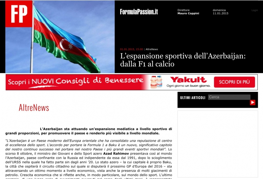 Итальянский сайт “FormulaPassion” пишет о том, что Азербайджан превратился в важную спортивную страну