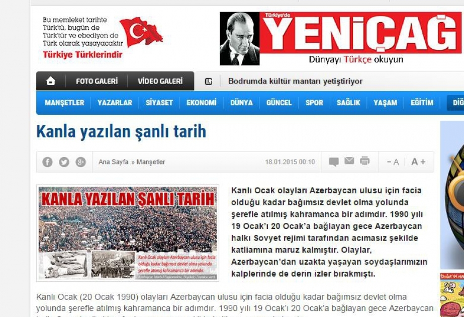 Türkiyənin “Yeni çağ” qəzetində 20 Yanvar faciəsindən bəhs edən məqalə dərc olunub