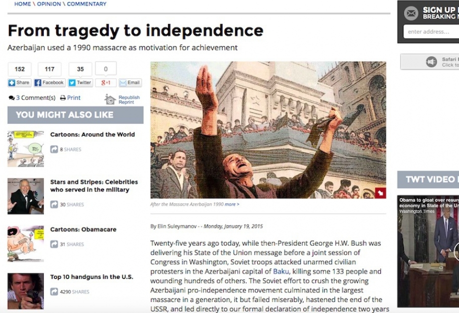 Американская газета The Washington Times о январской трагедии и независимом пути Азербайджана к процветанию
