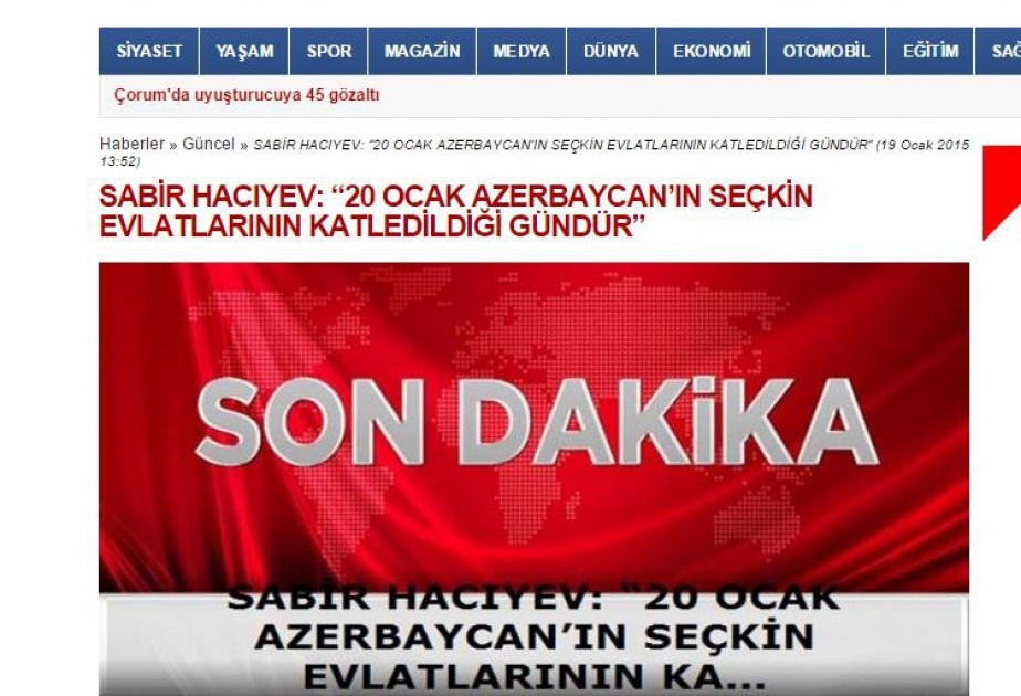 Türkiyə mediası AzərTAc-ın xüsusi müxbirinin 20 Yanvar hadisələrindən bəhs edən məqalələrini yayıb
