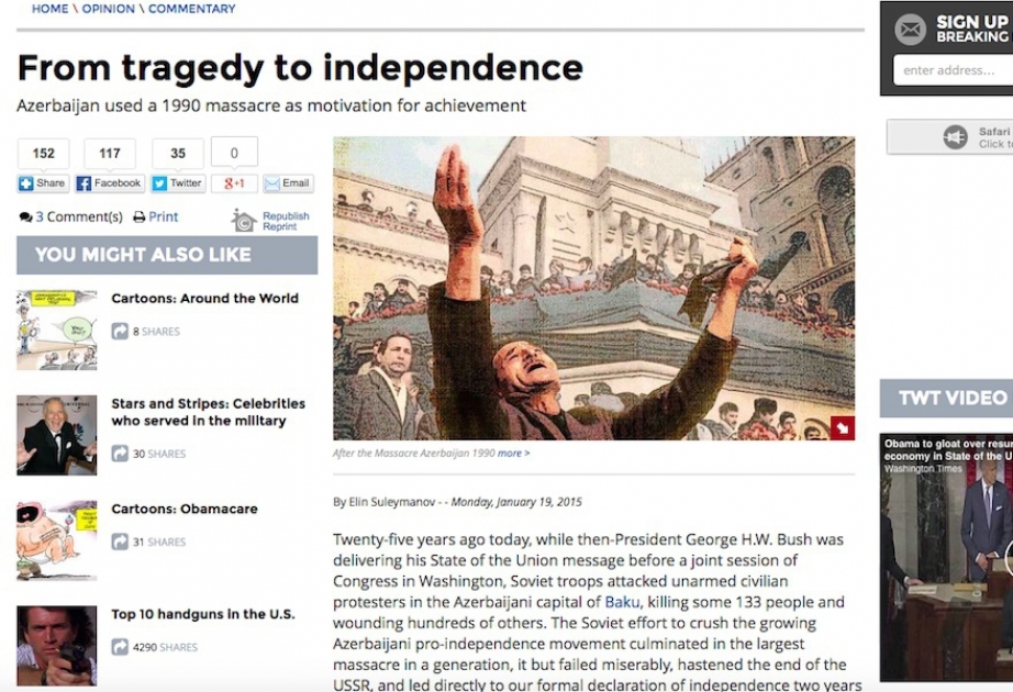 Azərbaycan səfirinin “The Washington Times” qəzetində 20 Yanvar faciəsi ilə bağlı məqaləsi dərc edilib