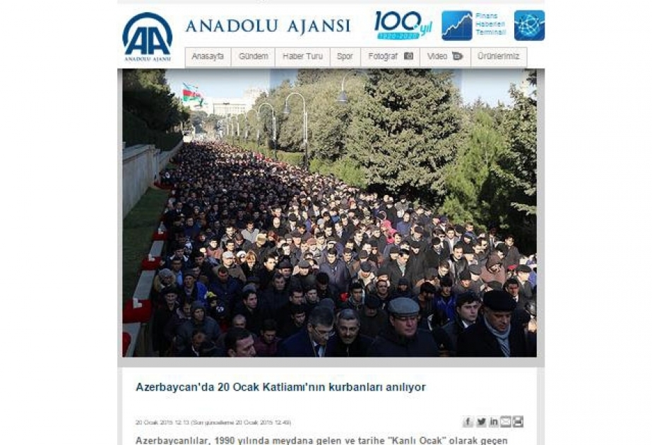 Türkiyə mediası: 20 Yanvar Azərbaycanın dövlət müstəqilliyinin bərpasında xüsusi yeri olan gündür