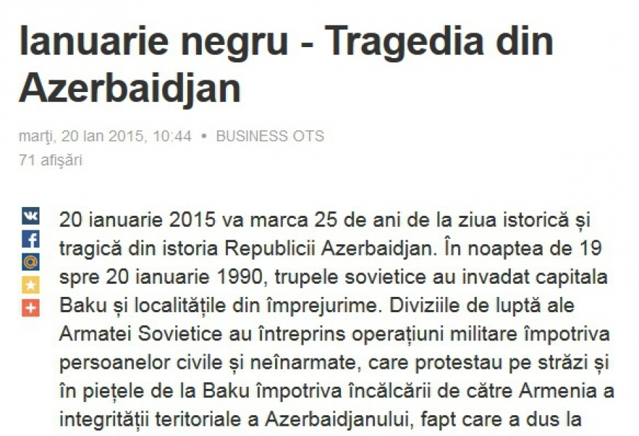 Rumıniyanın “Agerpres” xəbər agentliyi 20 Yanvar faciəsi ilə bağlı yeni məqalə yayıb