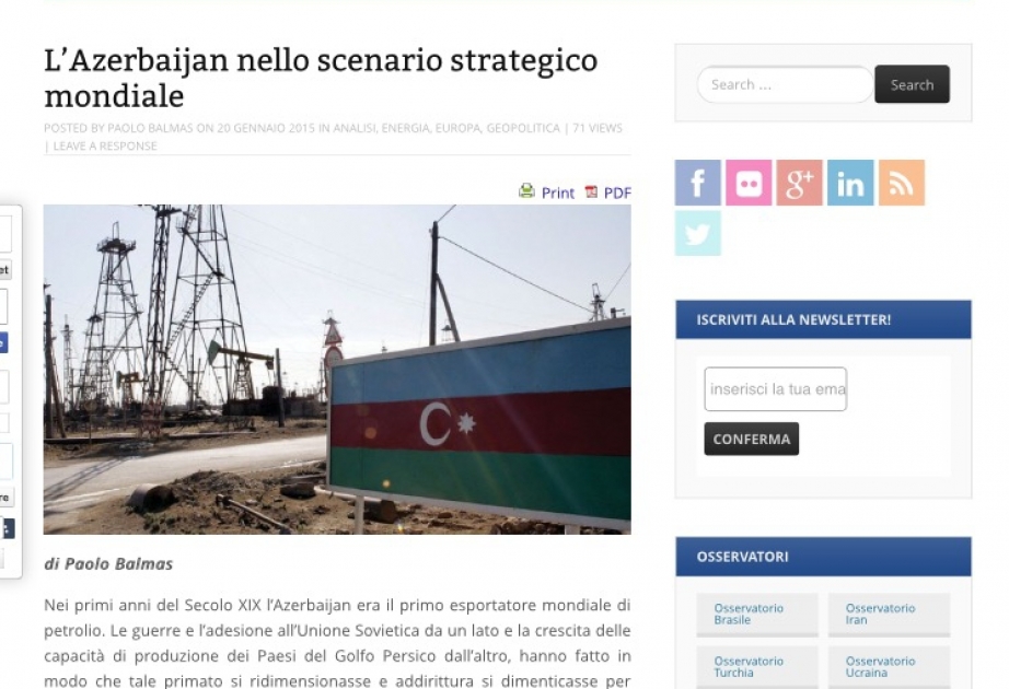İtaliyanın “Bloglobal” portalı Azərbaycanın enerji sənayesinin inkişafını təhlil edib