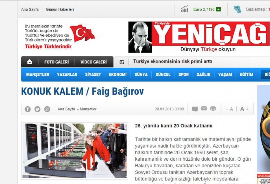 Türkiyə KİV-ləri Azərbaycan səfirinin 20 Yanvar faciəsi barədə məqaləsini və müsahibəsini yayıb