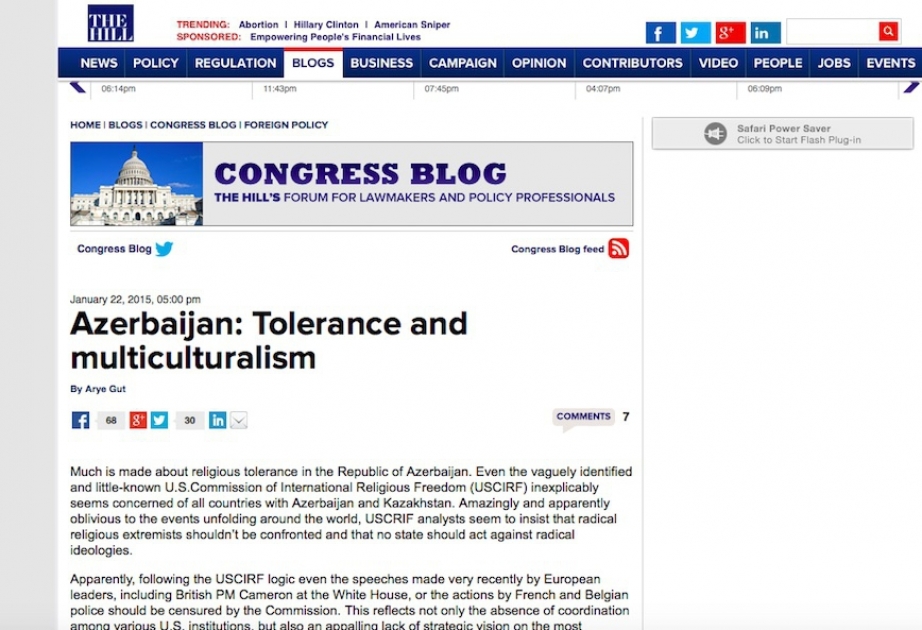 “The Hill” qəzeti: Azərbaycan tolerantlıq və multikulturalizm ölkəsidir