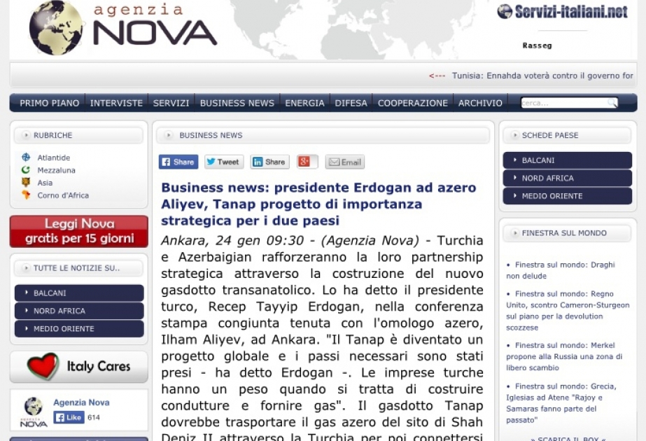 İtaliyanın “Agenzia Nova” xəbər saytı Azərbaycan və Türkiyə prezidentlərinin görüşündən yazır