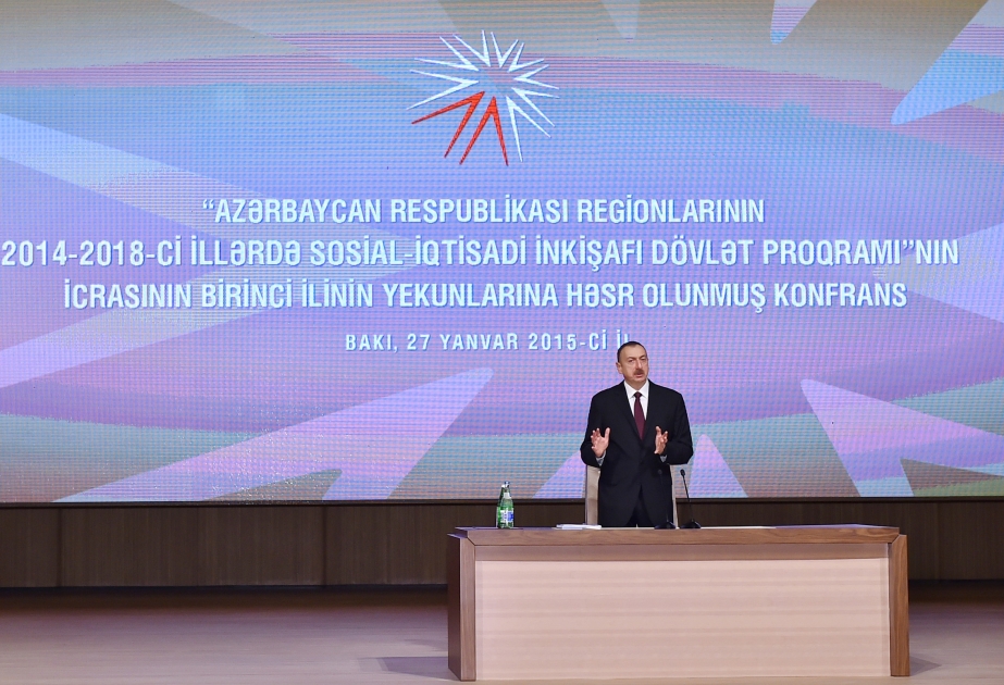 Prezident İlham Əliyev regionların 2014-2018-ci illərdə sosial-iqtisadi inkişafı Dövlət Proqramının icrasının birinci ilinin yekunlarına həsr olunan konfransda iştirak edib VİDEO