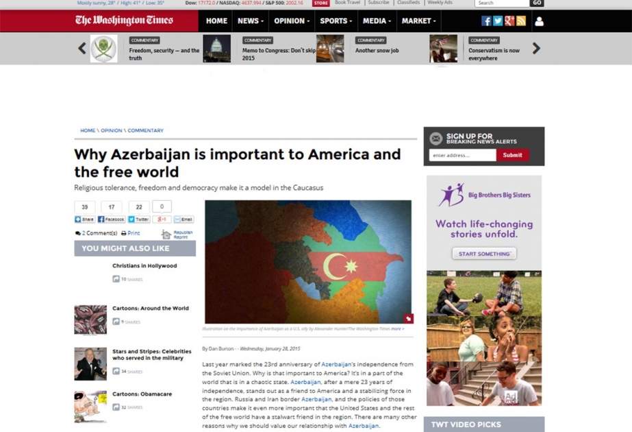 “The Washington Times”: Azərbaycan ABŞ və azad dünya üçün niyə vacib ölkədir?