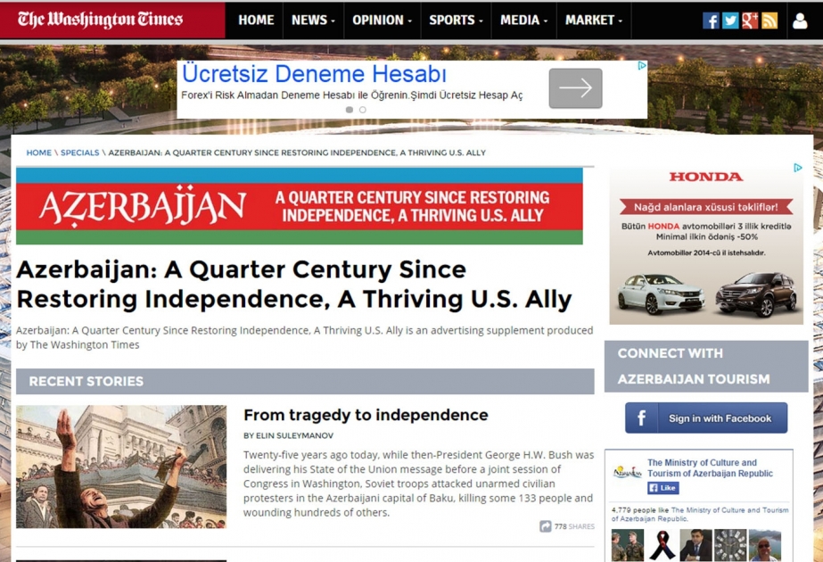 “The Washington Times” qəzeti Azərbaycana xüsusi buraxılış həsr edib