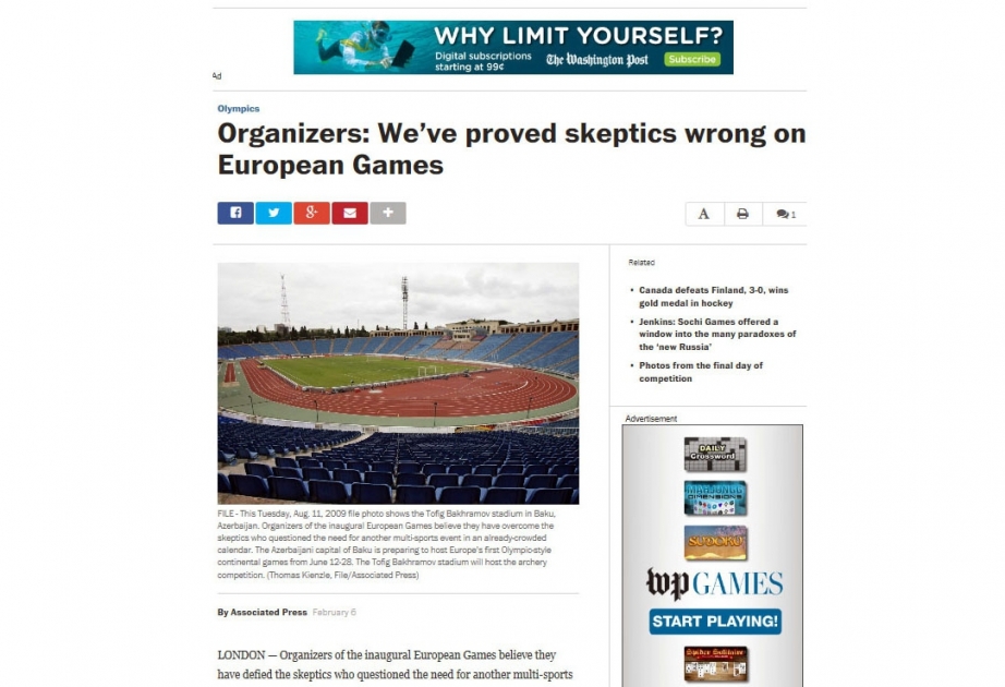 “The Washington Post” qəzetində birinci Avropa Oyunları ilə bağlı məqalə dərc edilib