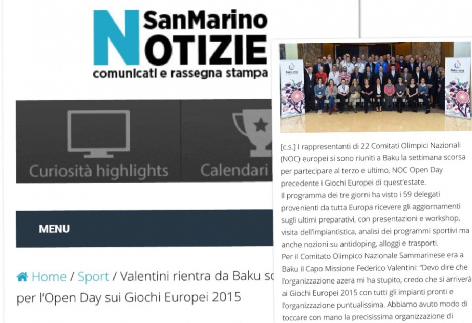 “San-Marino Notizie” portalı: Azərbaycanda ilk Avropa Oyunları üçün aparılan hazırlıq işləri təqdirəlayiqdir