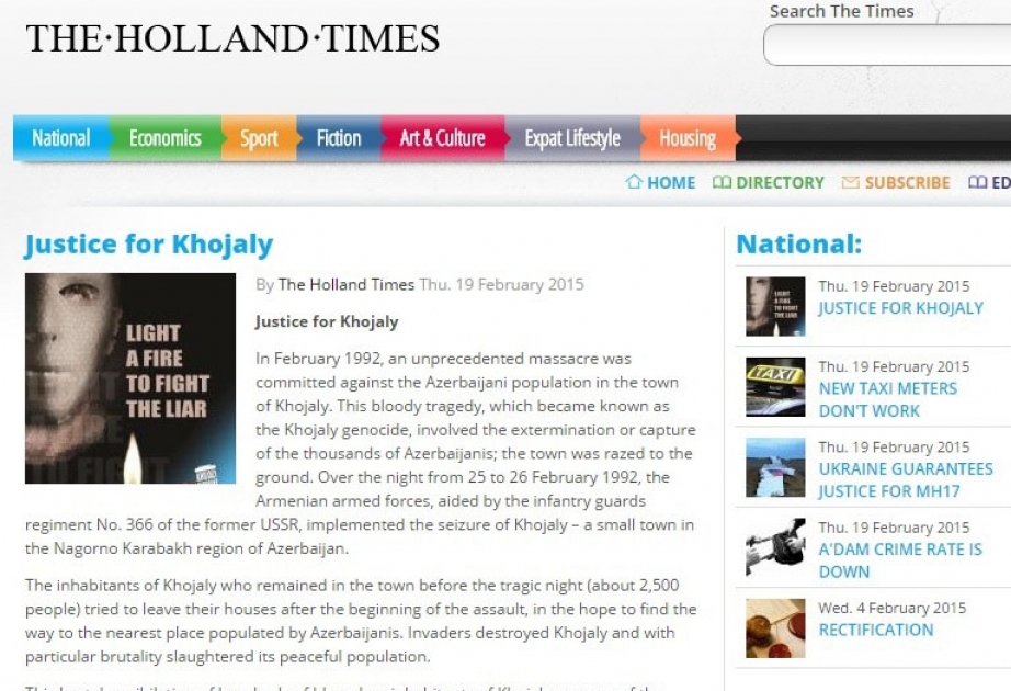 “The Holland Times” qəzeti Xocalı soyqırımından yazır