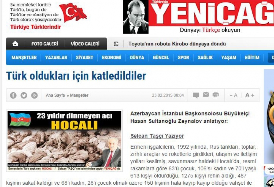 Türkiyənin “Yeni çağ” qəzeti Azərbaycanın İstanbuldakı baş konsulunun Xocalı soyqırımı barədə məqaləsini yayıb