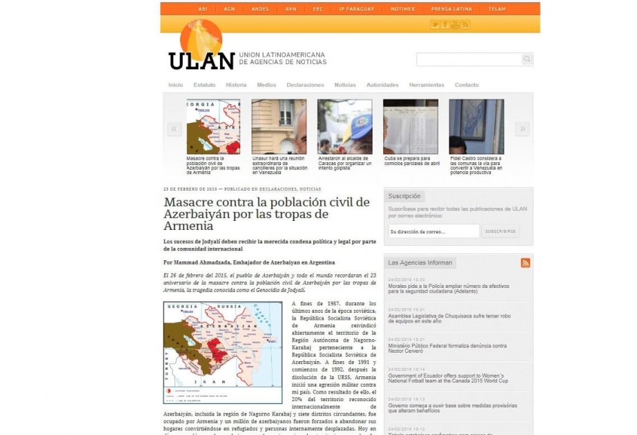 Azərbaycanın Argentinadakı səfirinin bir sıra ispandilli KİV-lərdə Xocalı soyqırımı ilə bağlı məqaləsi və müsahibəsi yayılıb