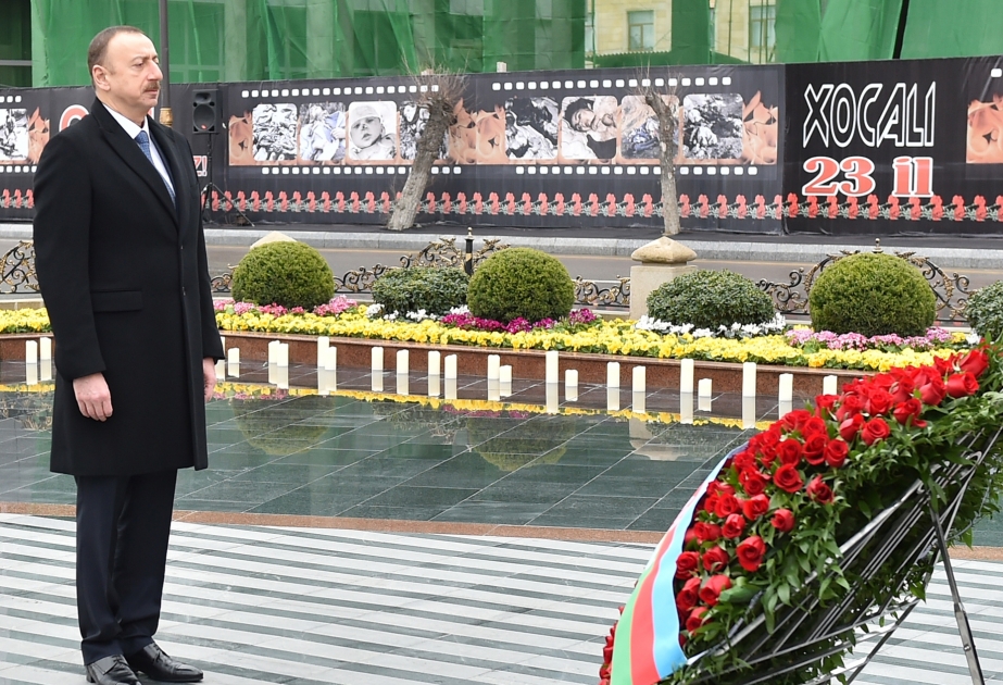 President Ilham Aliyev attended a ceremony to commemorate Khojaly genocide victims VIDEO