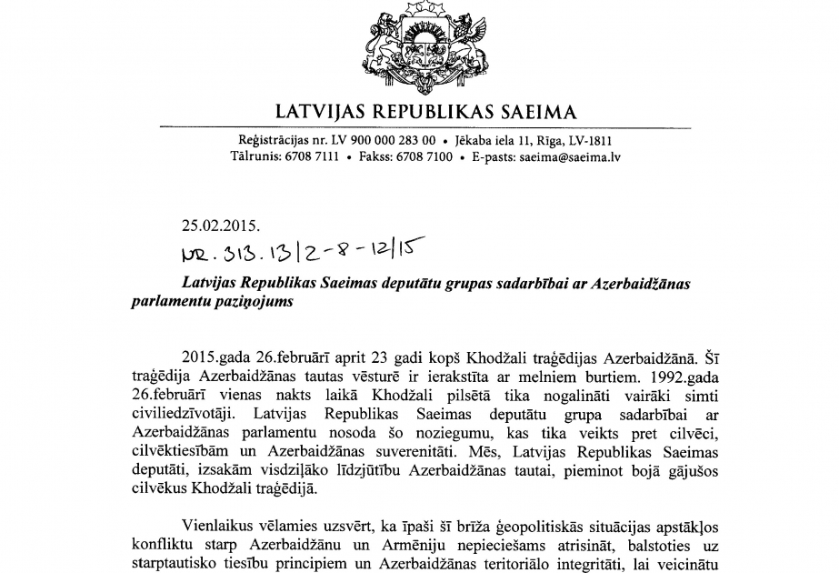 Latviya Seymi Xocalı soyqırımı ilə əlaqədar bəyanat qəbul edib