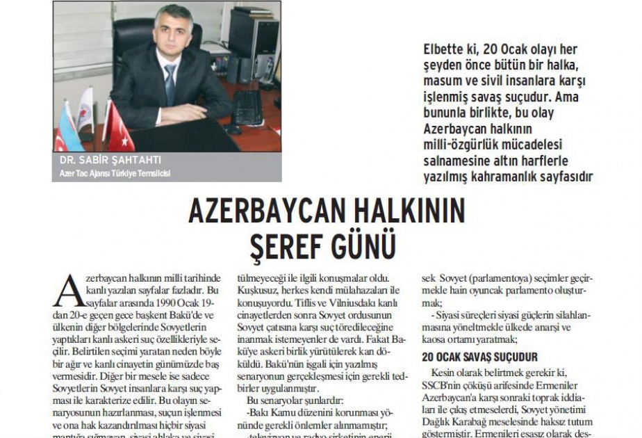 Türkiyənin “İpək yolu” jurnalında AZƏRTAC-ın xüsusi müxbirinin 20 Yanvar hadisələrinə dair analitik məqaləsi dərc olunub