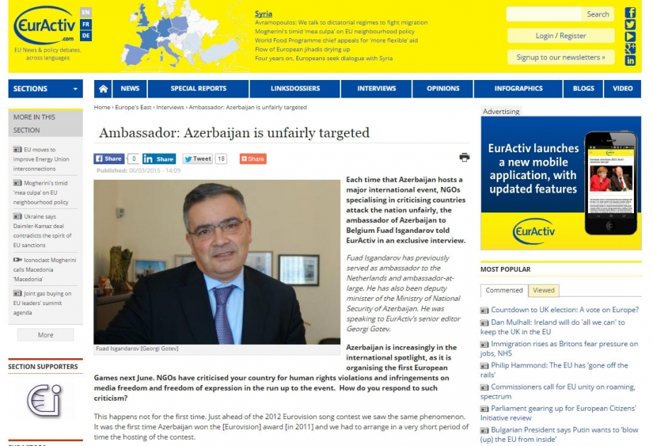 Belçikanın “EurActiv” xəbər portalı Azərbaycan səfirinin müsahibəsini yayıb