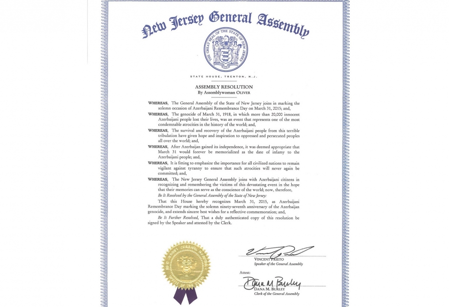 New Jersey General Assembly issues resolution marking Azerbaijani Remembrance Day