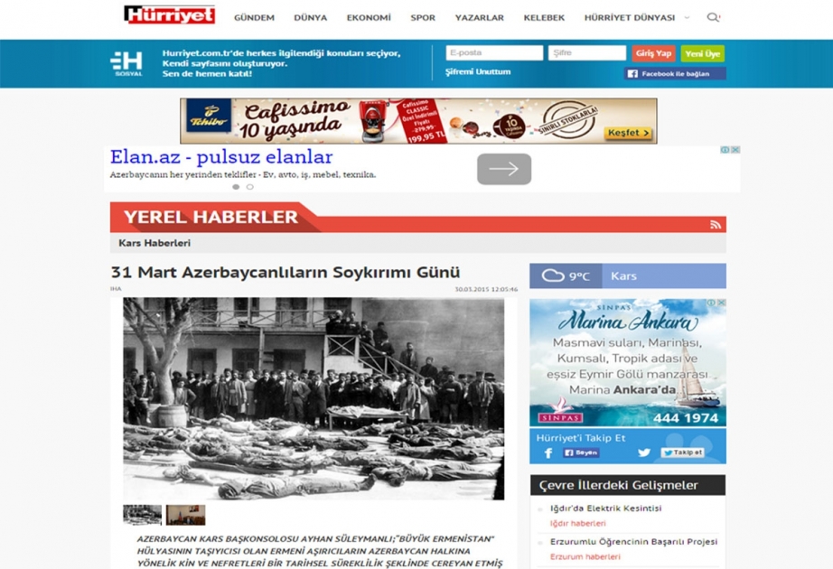 Türkiyə mediası Azərbaycan diplomatının 31 mart soyqırımı barədə məqaləsini yayıb