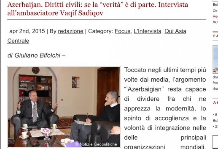 İtaliyanın “Notizie Geopolitiche” xəbər portalı Azərbaycan səfirinin müsahibəsini yayıb