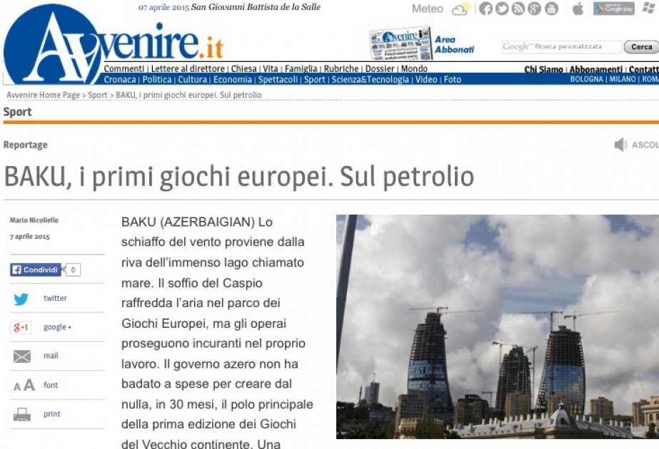Italian newspaper “Avvenire” publishes article on Baku-2015 European Games
