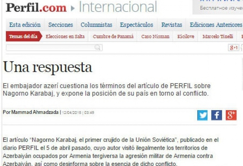 Argentinalı jurnalistin qərəzli yazısına Azərbaycan səfirindən tutarlı cavab