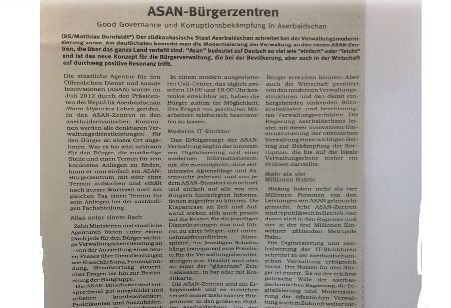 “Behörden Spiegel”: “ASAN” xidmət Azərbaycanın uğur modelidir