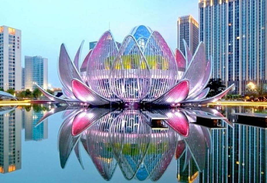 The Lotus Building grows from lake in Wujin, China