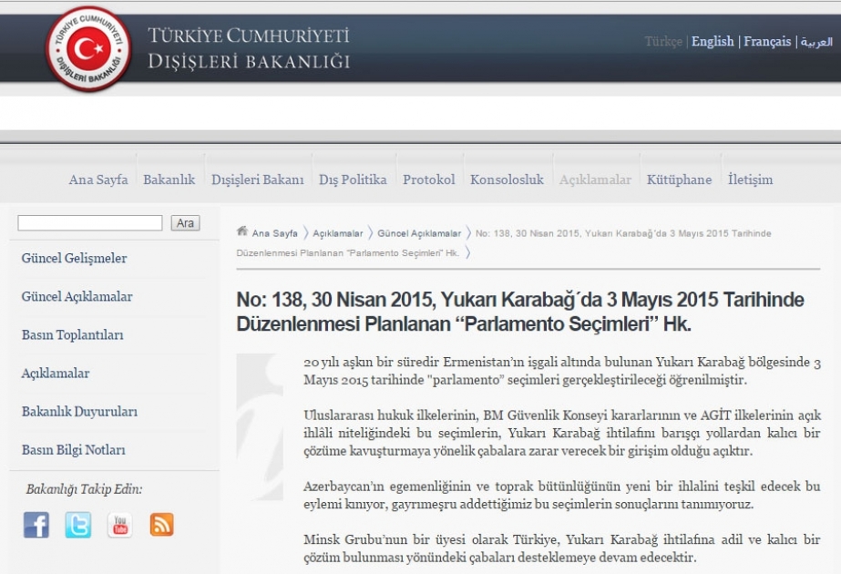 Türkiyə XİN Dağlıq Qarabağda keçiriləcək “seçkiləri” pisləyən bəyanat yayıb