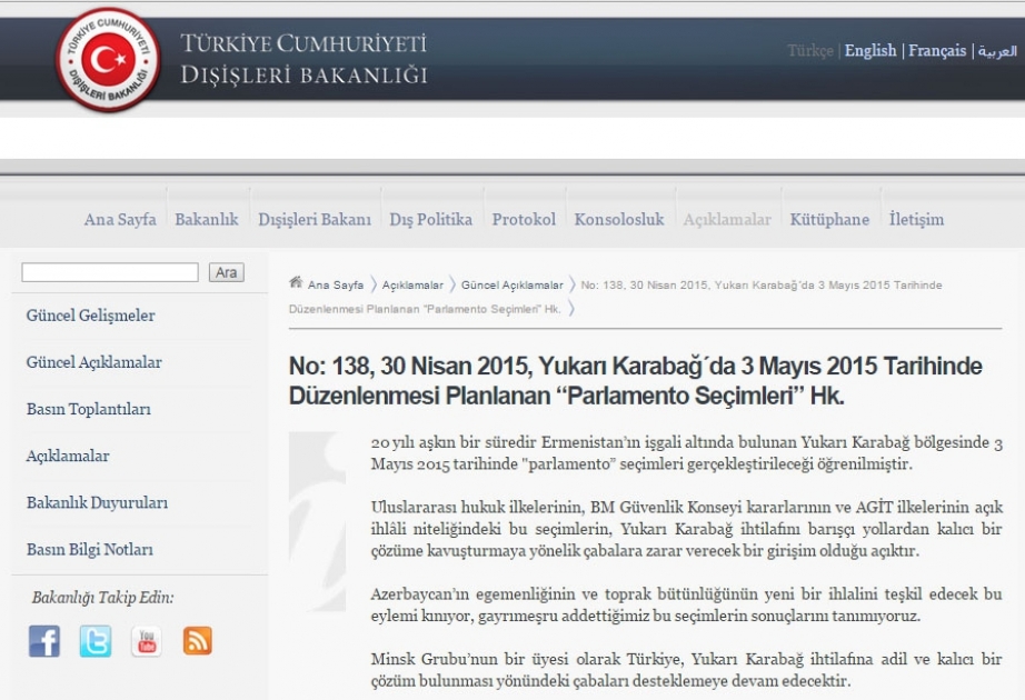 La Turquie dénonce les «élections» qui se dérouleront au Haut-Karabagh