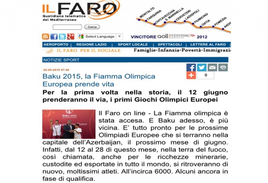 La presse italienne parle de l’importance des Jeux Européens de Bakou 2015 dans l’histoire sportive