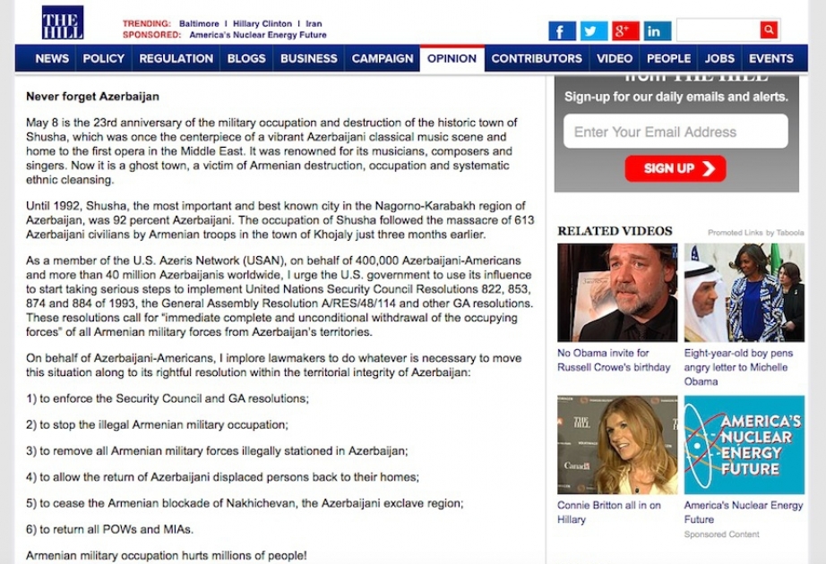 The Hill releases Azerbaijani Diaspora representative’s appeal on 23rd anniversary of occupation of Shusha