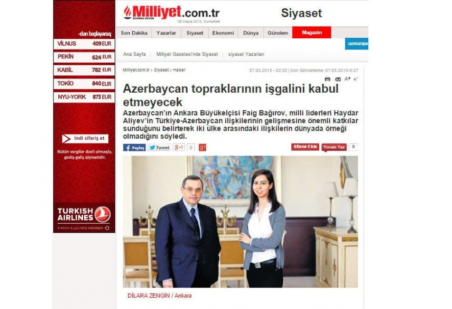 Türkiyənin “Milliyet” qəzeti Azərbaycan səfirinin müsahibəsini dərc edib