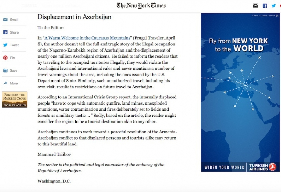 “The New York Times” qəzetində azərbaycanlı diplomatın erməni təxribatına cavab yazısı dərc edilib