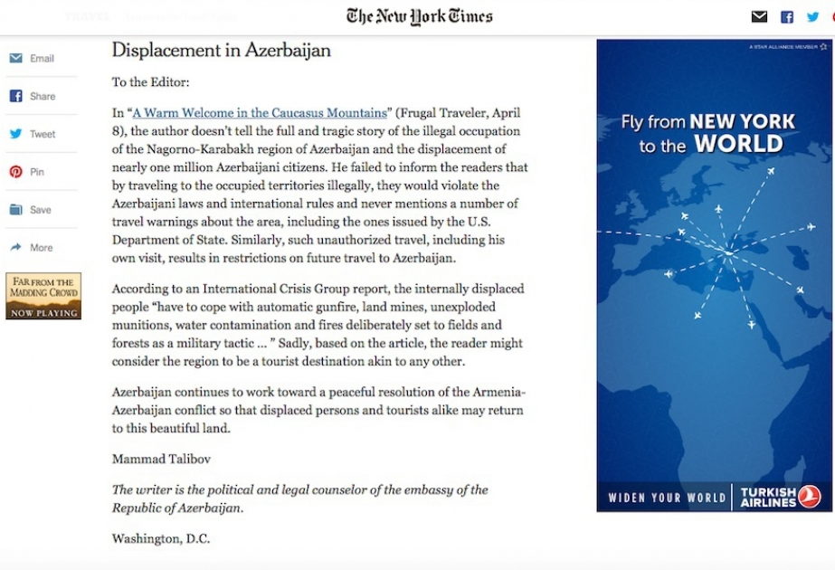 The New York Times publishes Azerbaijani Diplomat’s letter in response to Armenian provocation