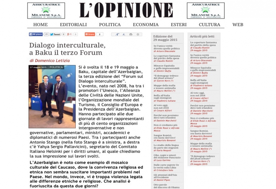 “L'opinione”: Azərbaycan etnik və dini birgəyaşayışın ən gözəl nümunəsidir