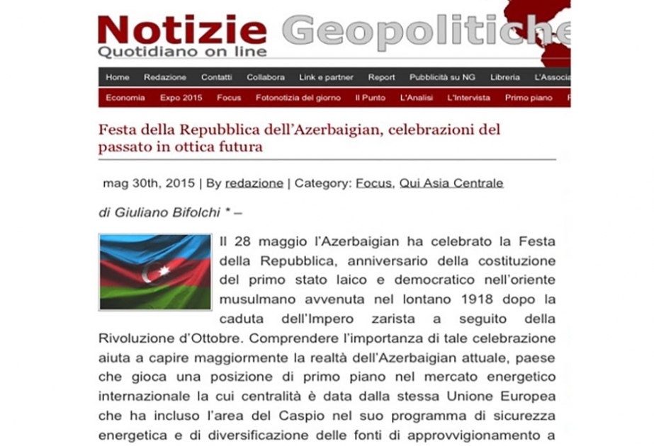 “Notizie Geopolitiche”: Azərbaycan Xalq Cümhuriyyəti müsəlman aləmində müasirliyin və demokratiyanın ilk nümunəsi sayılır