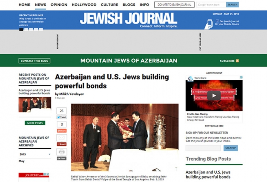 “Jewish Journal” qəzetində Azərbaycanın və Los-Ancelesin yəhudi icmalarının əlaqələri haqqında məqalə dərc edilib
