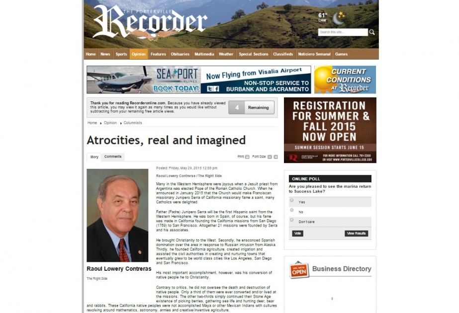 Газета The Porterville Recorder пишет об ужасах геноцида, учиненного армянами против азербайджанцев 31 марта