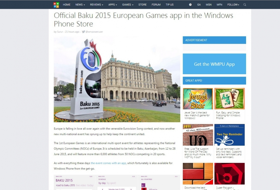Official Baku 2015 European Games app in the Windows Phone Store VIDEO